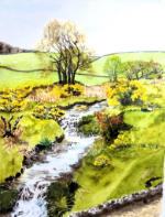 Dartmoor stream mixed media painting